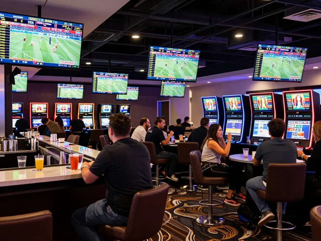 Patrons engaged in sports betting excitement, checking ty le keo nha cai updates on screens in a modern casino lounge
