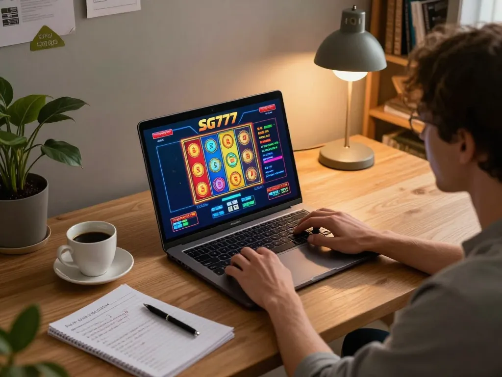Engaged player enjoying SG777 online gaming on a laptop with strategic notes visible