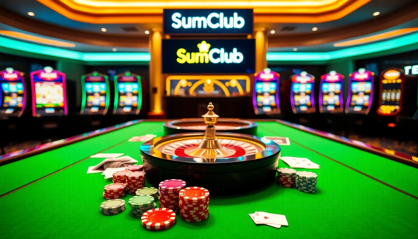 SumClub gaming table with poker chips and cards, inviting atmosphere and luxury.