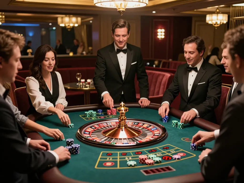 Kuwin players engaging in dynamic roulette betting at an upscale casino table, showcasing excitement and strategy.