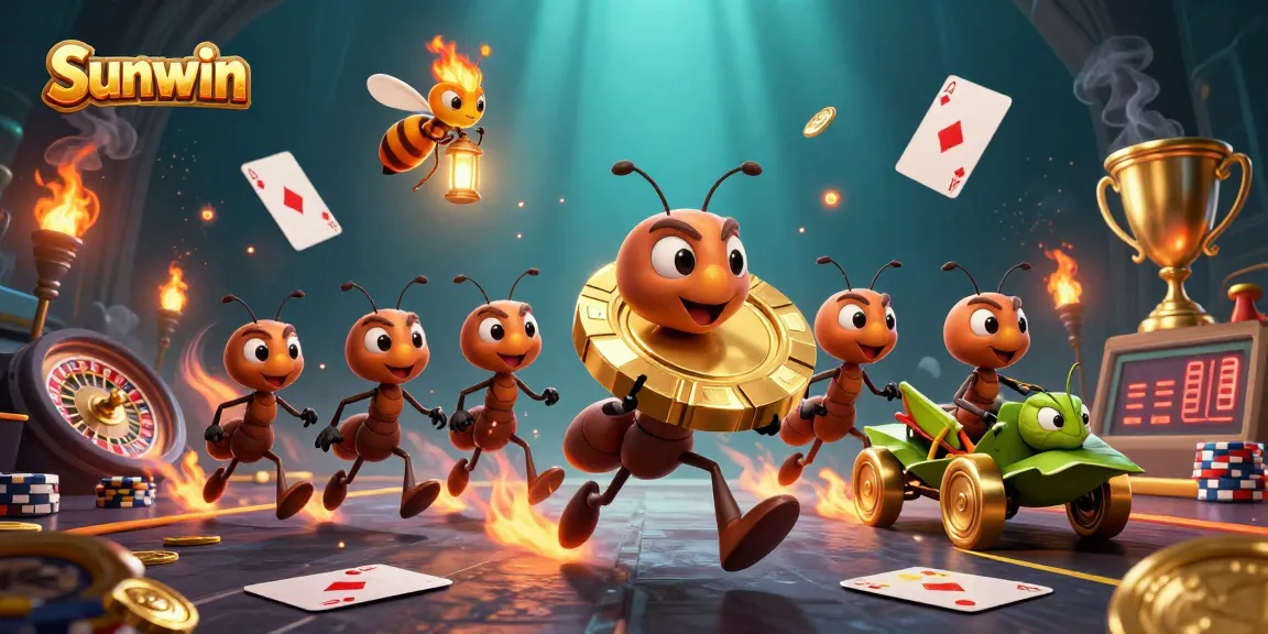 Experience thrilling action at Sunwin with ants carrying a giant poker chip in a vibrant casino heist scene.