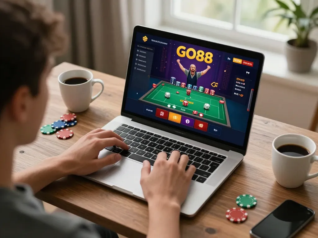 Player engaging on GO88 app for online casino gaming, showcasing strategy and excitement in a cozy home setting