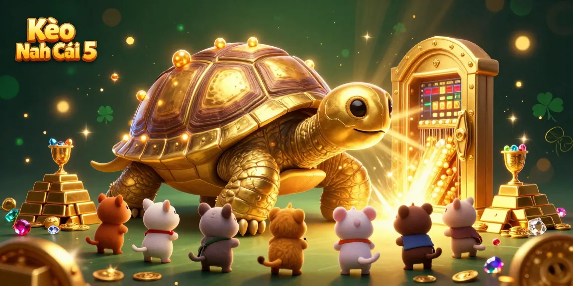 Kèo Nhà Cái 5 features a colossal pinball tortoise amidst gold treasures, inviting gamblers to play.