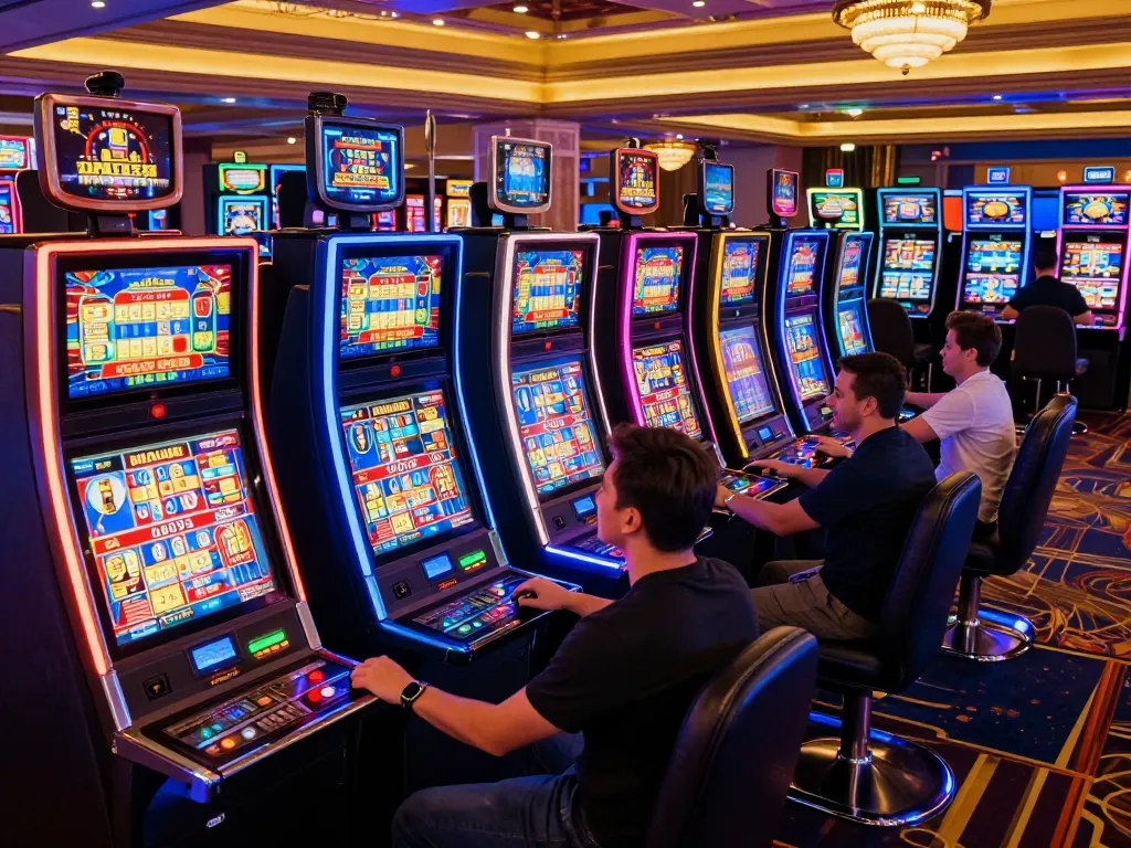 Players enjoying thrilling slots at a sunwin casino, vibrant lights and excitement enhance the gaming experience.