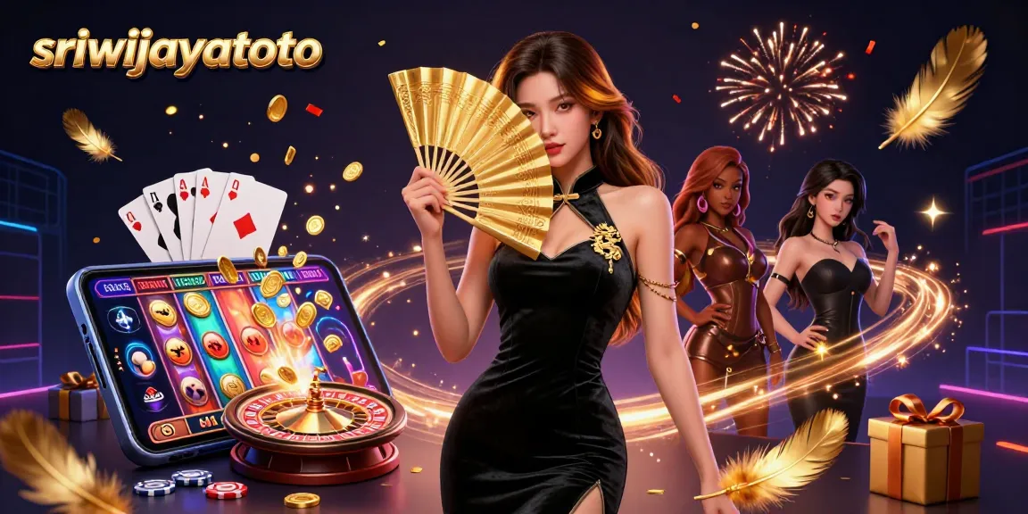 sriwijayatoto promotes excitement in a vibrant online casino environment with slot games, coins, and cards.