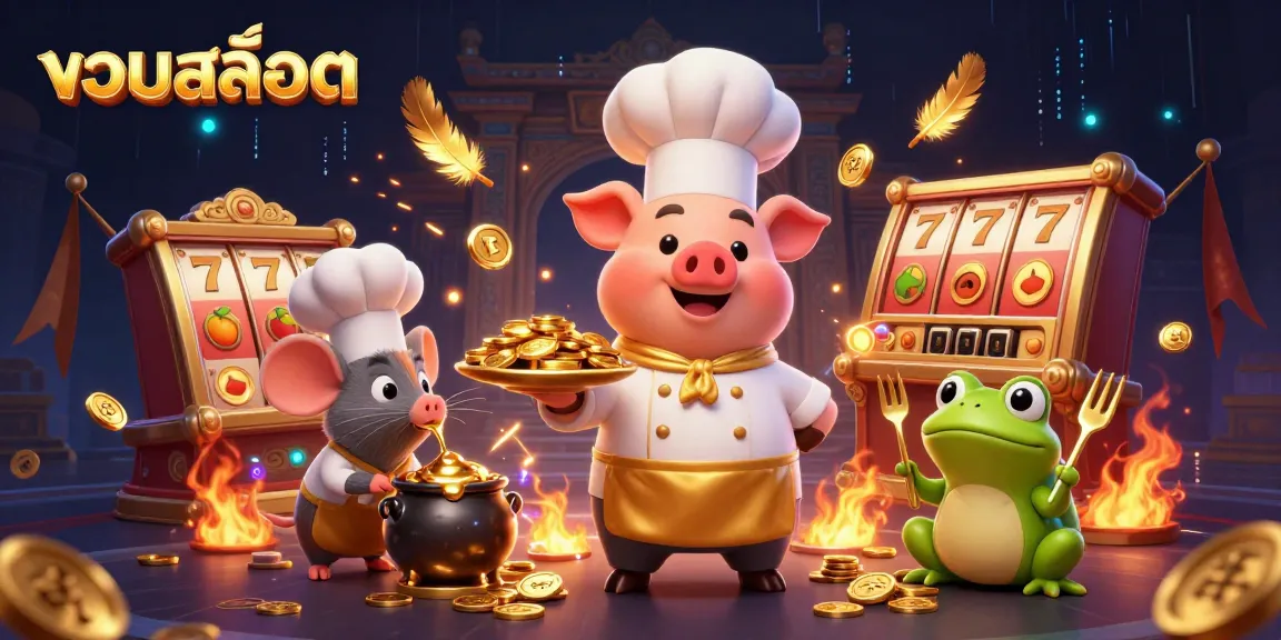 Engaging illustration of รวมสล็อต featuring a chef pig and sous-chef mouse showcasing slot reels and gold coins amidst dynamic casino elements.