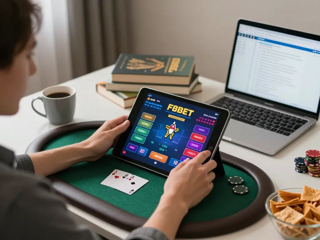 Engaging in a poker game on F8BET using a tablet, enhancing strategic gameplay.