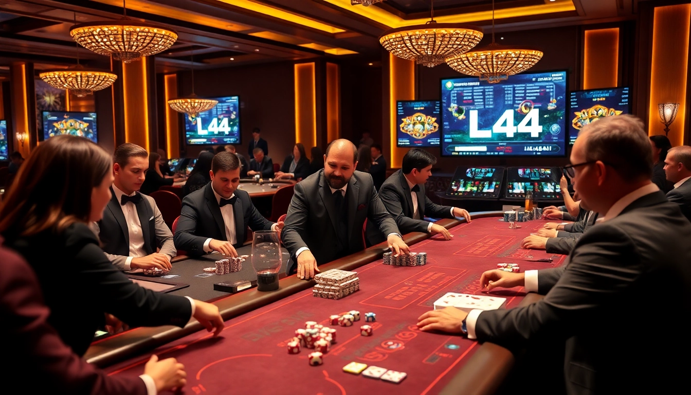 L444 casino scene with players at a live dealer table enjoying poker and dice games.