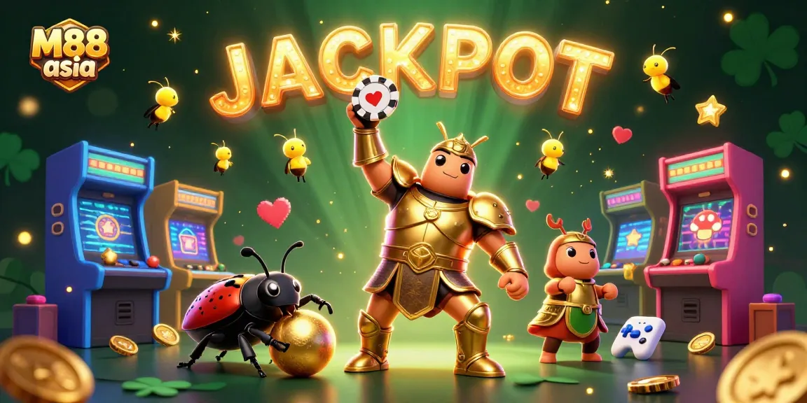Experience the thrilling world of M88 asia with cartoon characters celebrating a jackpot in a vibrant casino scene.