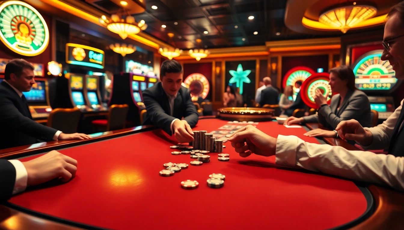 Excited gamblers at Goal123 strategizing at a luxurious casino table.