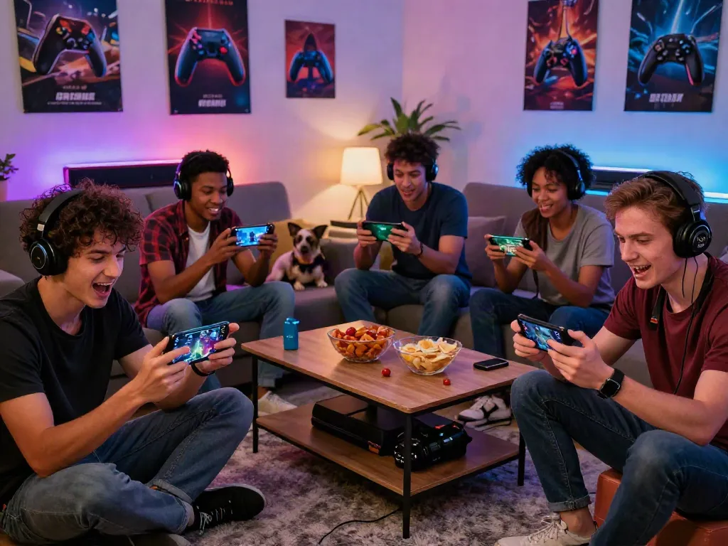 Engaged group of friends playing ORION88 on mobile devices in a cozy living room, enjoying a gaming night.