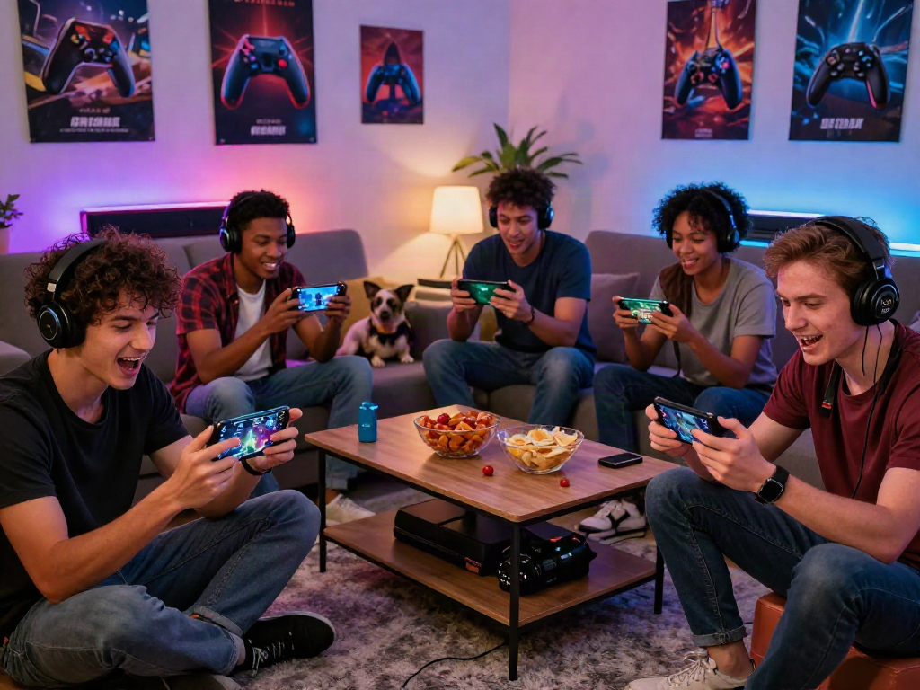 Engaged group of friends playing ORION88 on mobile devices in a cozy living room, enjoying a gaming night.