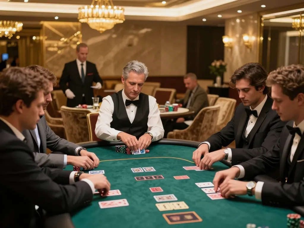 Nohu90 players engaged in a high-stakes poker game in a luxury VIP area enhancing strategic gameplay.