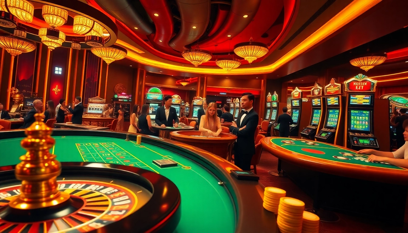 Exciting gambling atmosphere at nhà cái rr88 with roulette and poker tables in a luxurious setting.