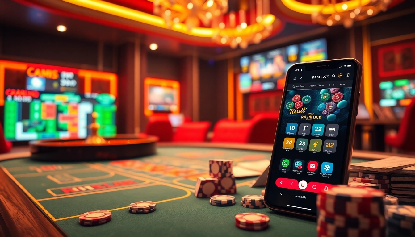 RAJA LUCK engaging casino with poker chips, cards, roulette wheel, and mobile gaming interface.
