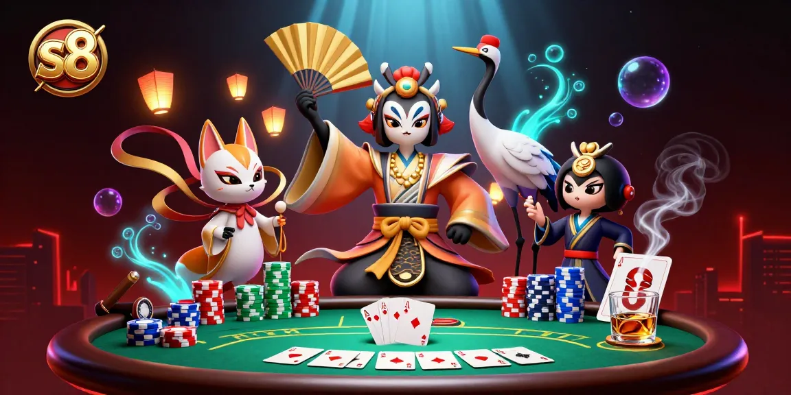 S8 poker showdown illustrated with a kabuki warrior and kitsune in a vibrant casino scene.