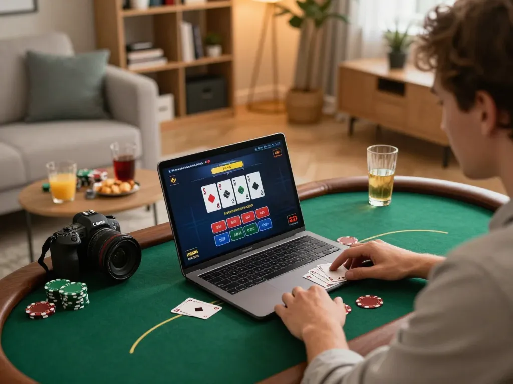 Engaging in online poker at home with https://nhatvip1.jp.net/, showcasing strategic gameplay.