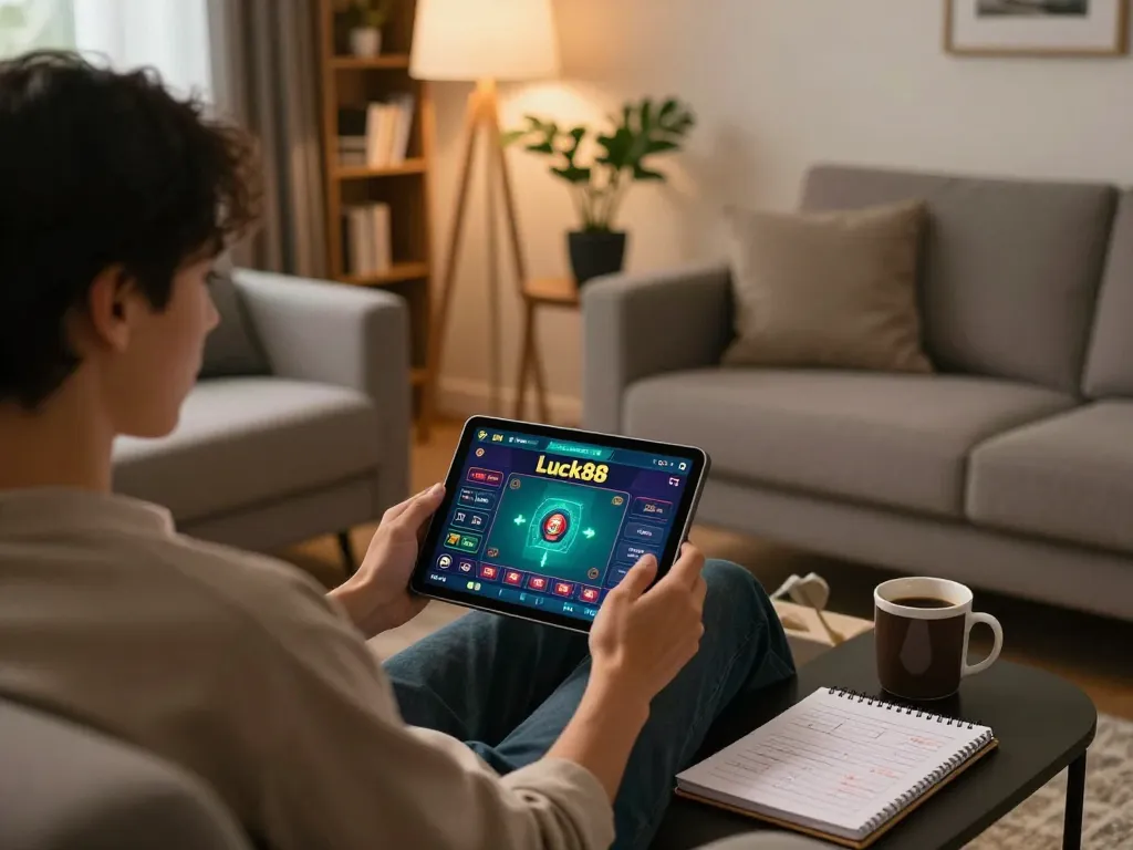Player enjoying luck88 games on a tablet in a cozy home setting, showcasing online casino experience.