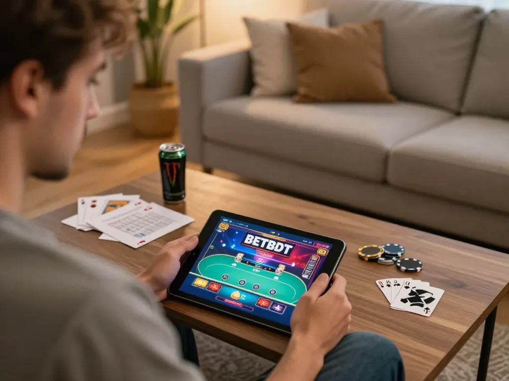 Player engages in BETBDT online casino game from their tablet in a cozy home environment.