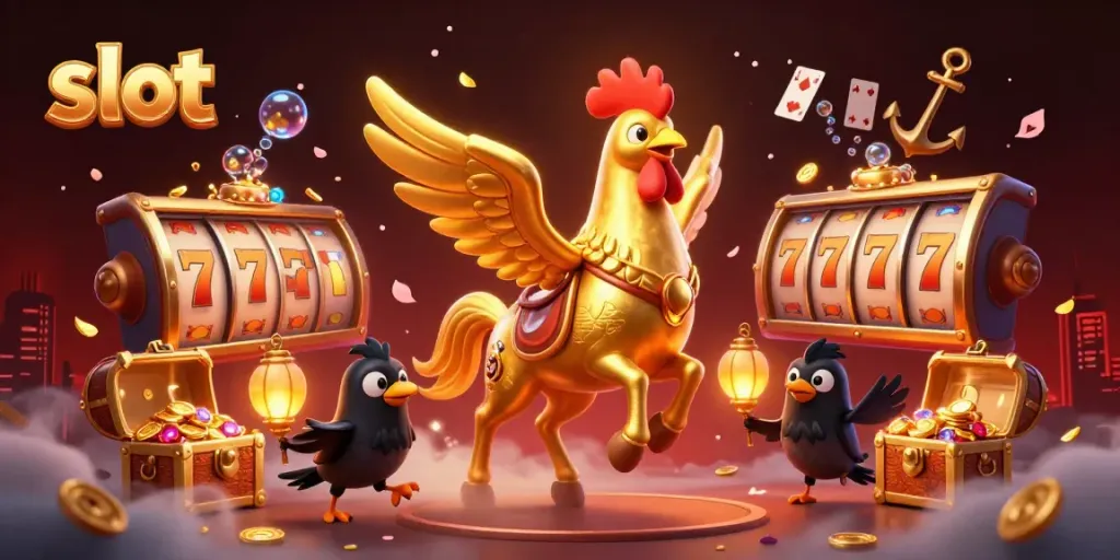 Experience thrilling slot gameplay with our vibrant casino illustration featuring a golden rooster and dynamic elements.