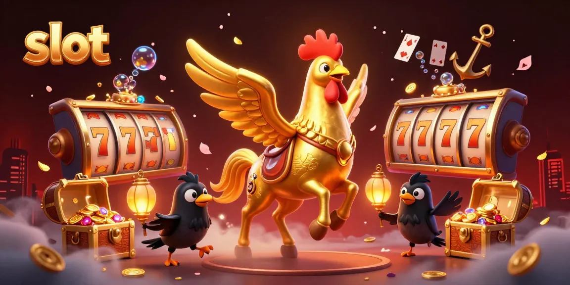 Experience thrilling slot gameplay with our vibrant casino illustration featuring a golden rooster and dynamic elements.
