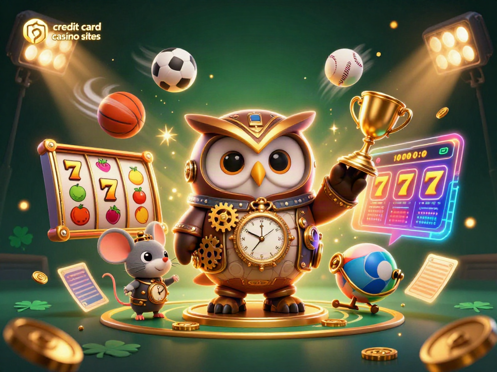 Engage with the vibrant world of credit card casino sites in a whimsical 3D scene featuring playful characters and dynamic game elements.