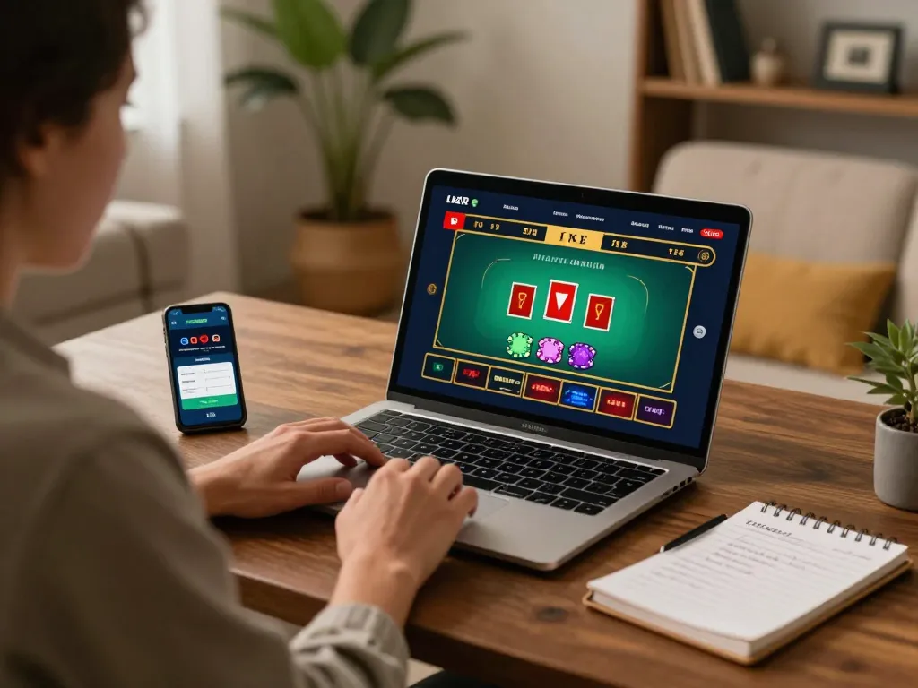 Engaging online gambling moment with Keonhacai5 showcasing a live dealer blackjack game on laptop, highlighting strategic play.