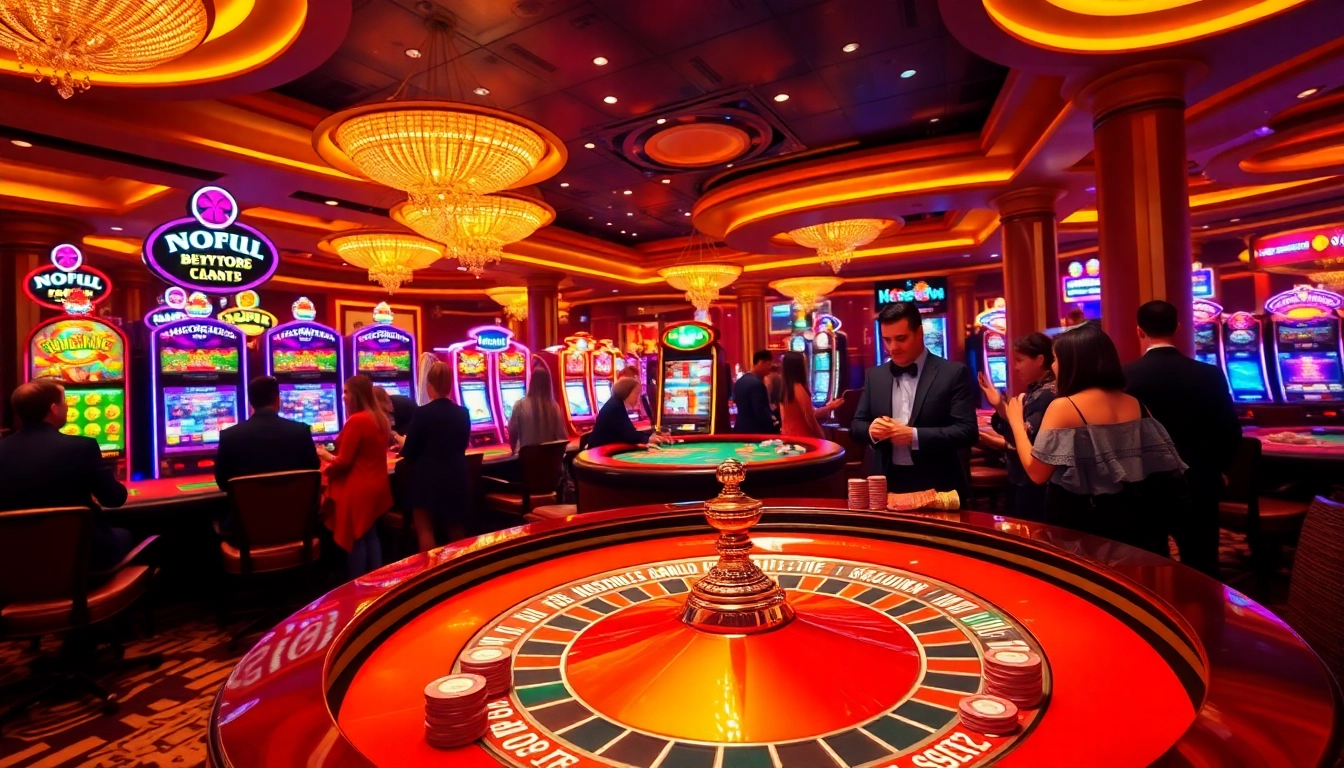 NoHu casino action with players at a sophisticated roulette table, showcasing chips and cards.