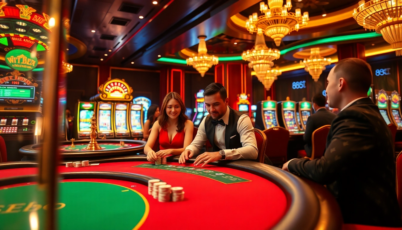 Experience high-stakes gaming excitement at 89bet with luxurious casino elements like poker tables and slot machines.