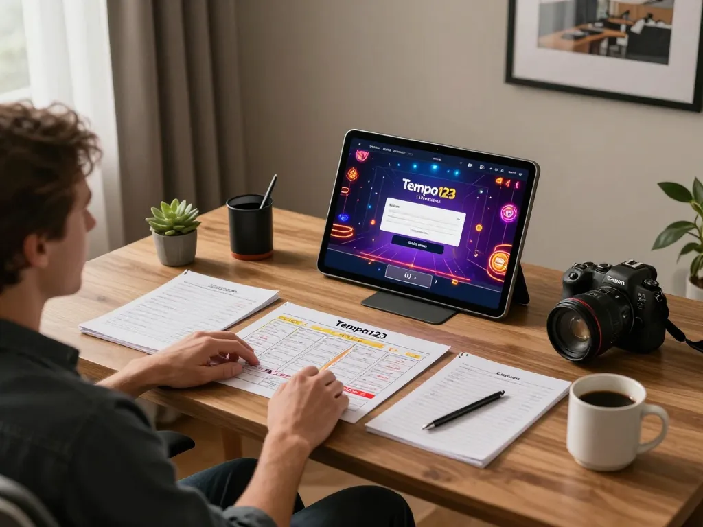 Engaging with Tempo123 Login on a tablet in a cozy home office setting, showcasing online gaming strategy.
