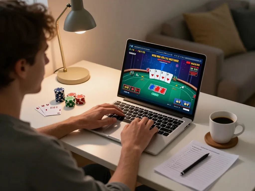 Player enjoying CM88 online casino with poker game on laptop, showcasing responsible gaming.