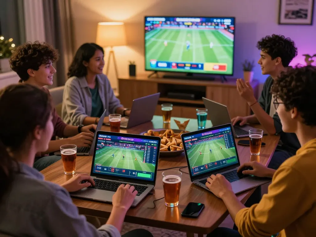 Friends placing bets on Bsport app while watching sports together for an exciting gaming night