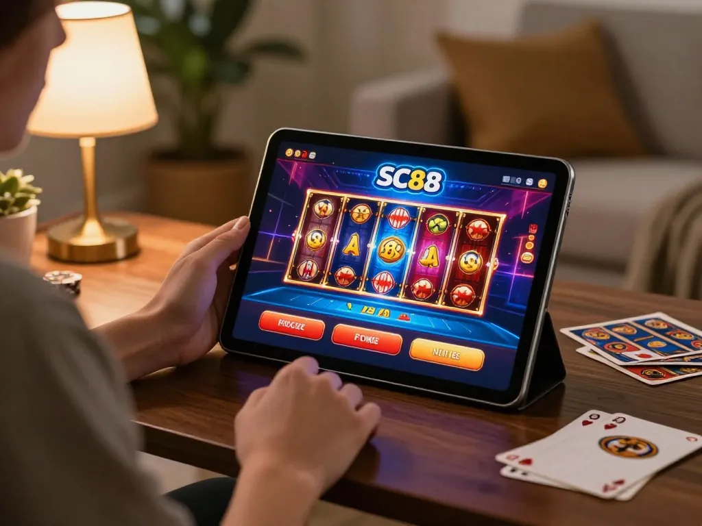 Engaging gameplay of SC88 Game on a tablet within a cozy home setting, highlighting vibrant graphics and warm lighting.