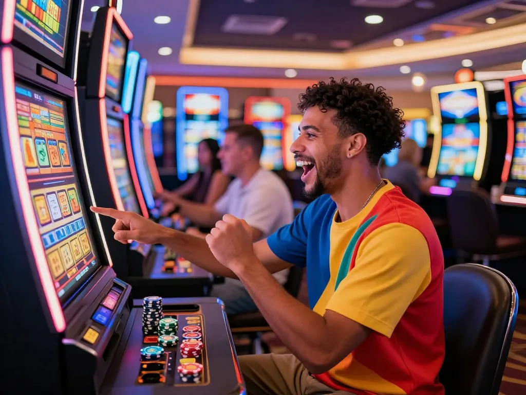 Excited player enjoying the Lucky 88 slot machine in a vibrant casino atmosphere.