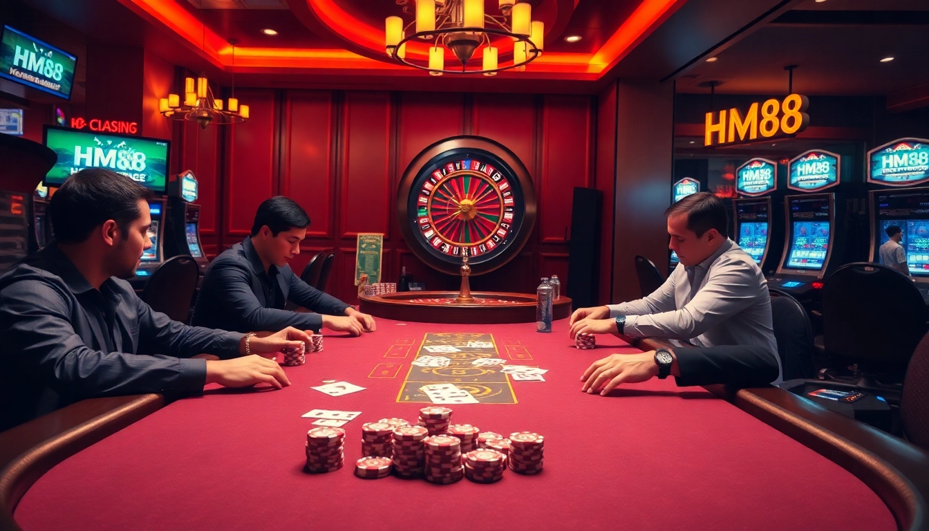 Players enjoying a thrilling game at HM88's luxurious casino table with vibrant elements.