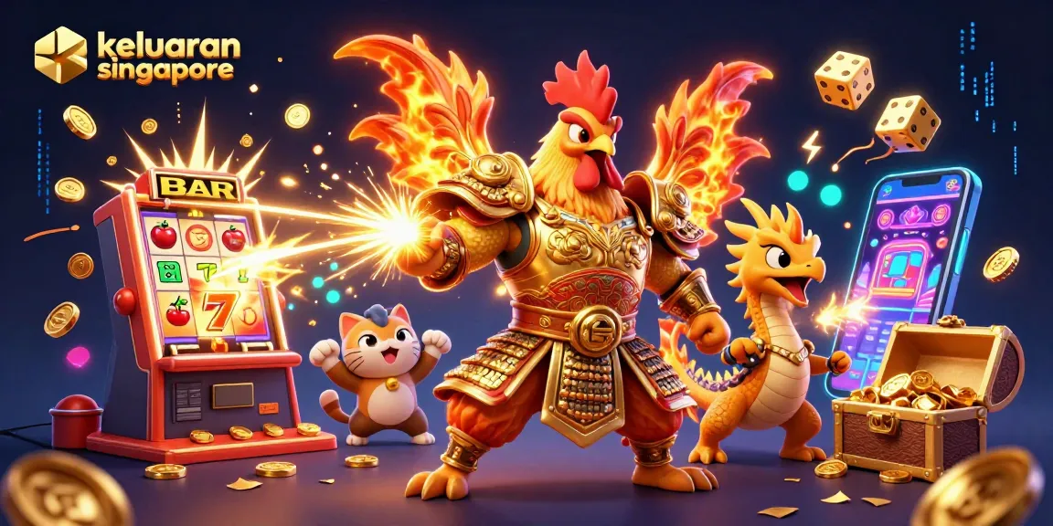 Engage with keluaran singapore in a vibrant, action-packed illustration featuring casino warriors and dynamic game elements.