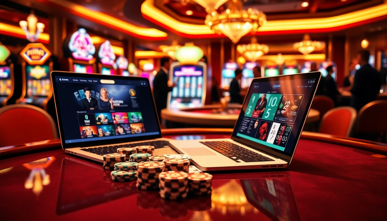 Experience the thrill of fun79 with vibrant casino scenes full of poker chips and lively slot machines.