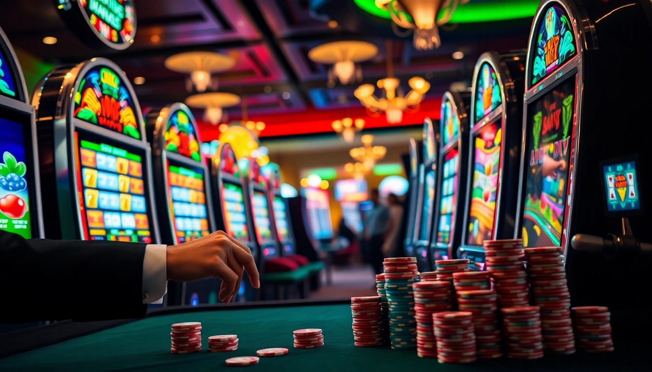 Pemain yang mencoba menang besar di mesin slot di lingkungan kasino yang mewah.