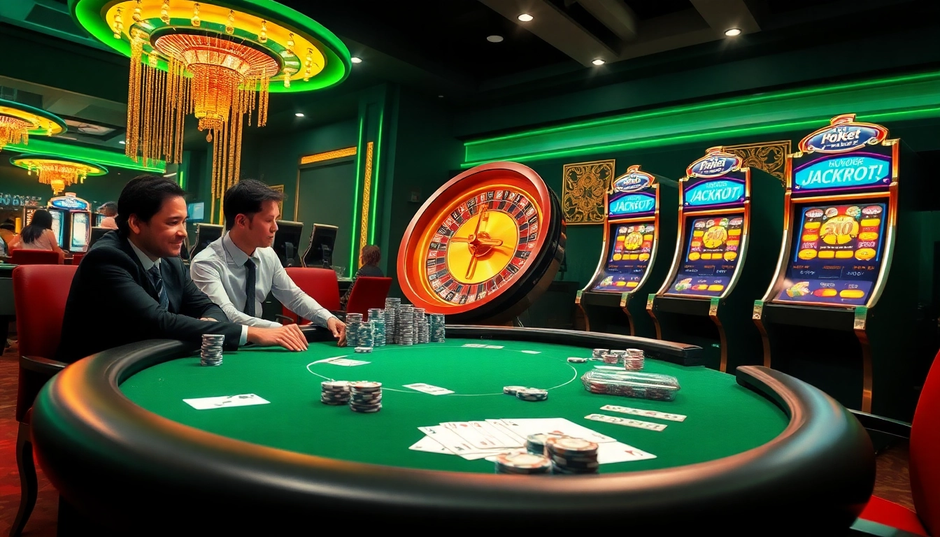 Experience high-stakes gaming at 8kbet with vibrant slot machines and poker tables in an upscale casino setting.
