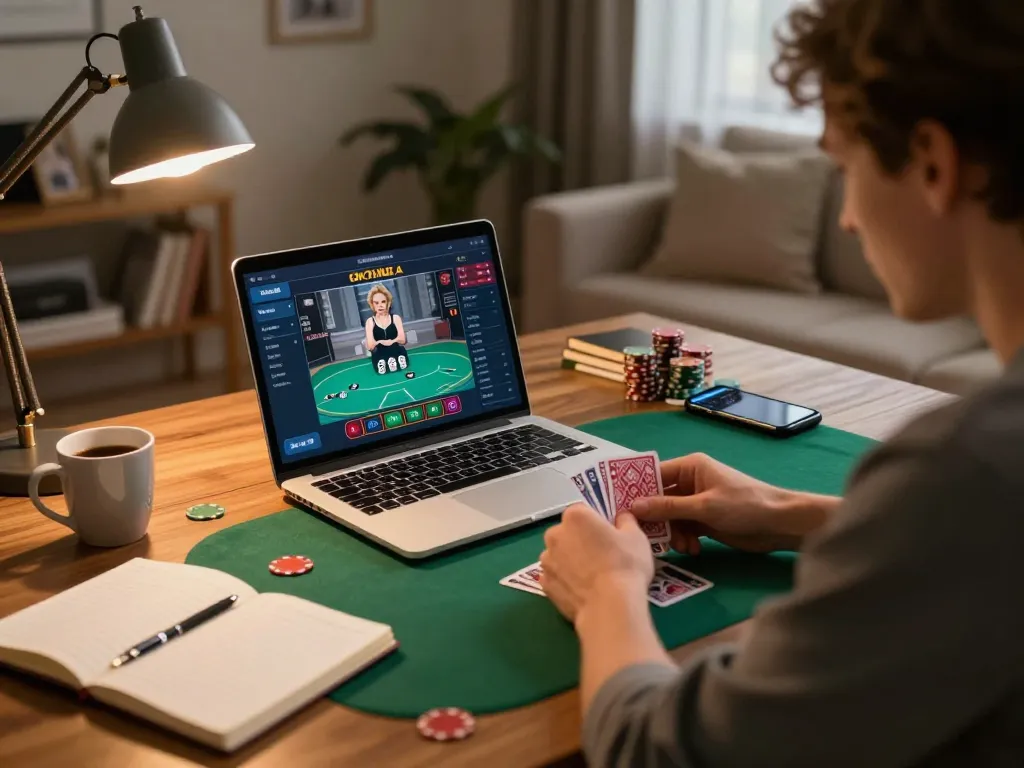 Person analyzing poker strategy on go89 while enjoying home gaming experience.