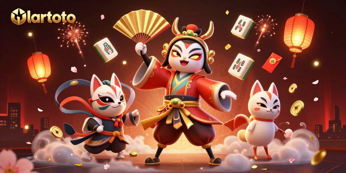 Ilustrasi 3D ulartoto yang menampilkan pahlawan kabuki dan elemen kasino, penuh warna dan detail.