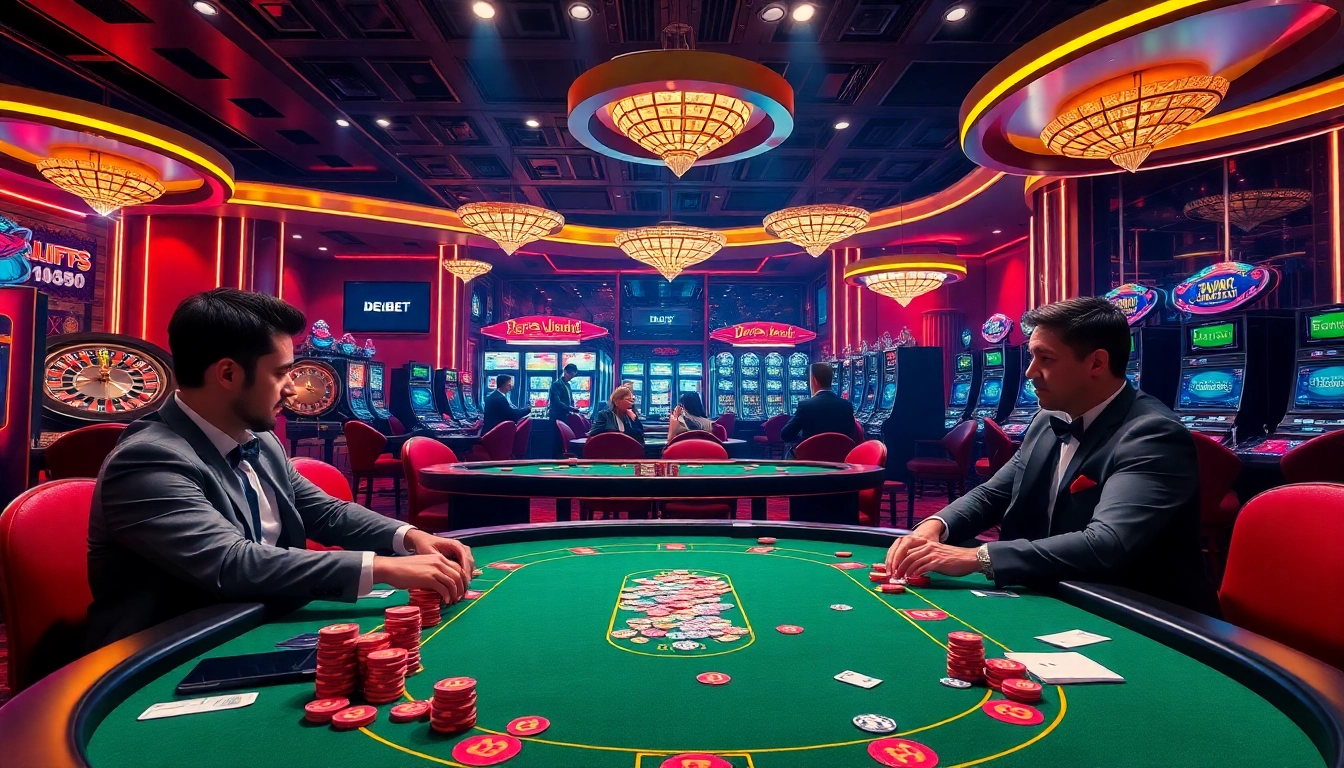 Experience the thrill at DEBET's luxurious poker table with engaged players and vibrant surroundings.