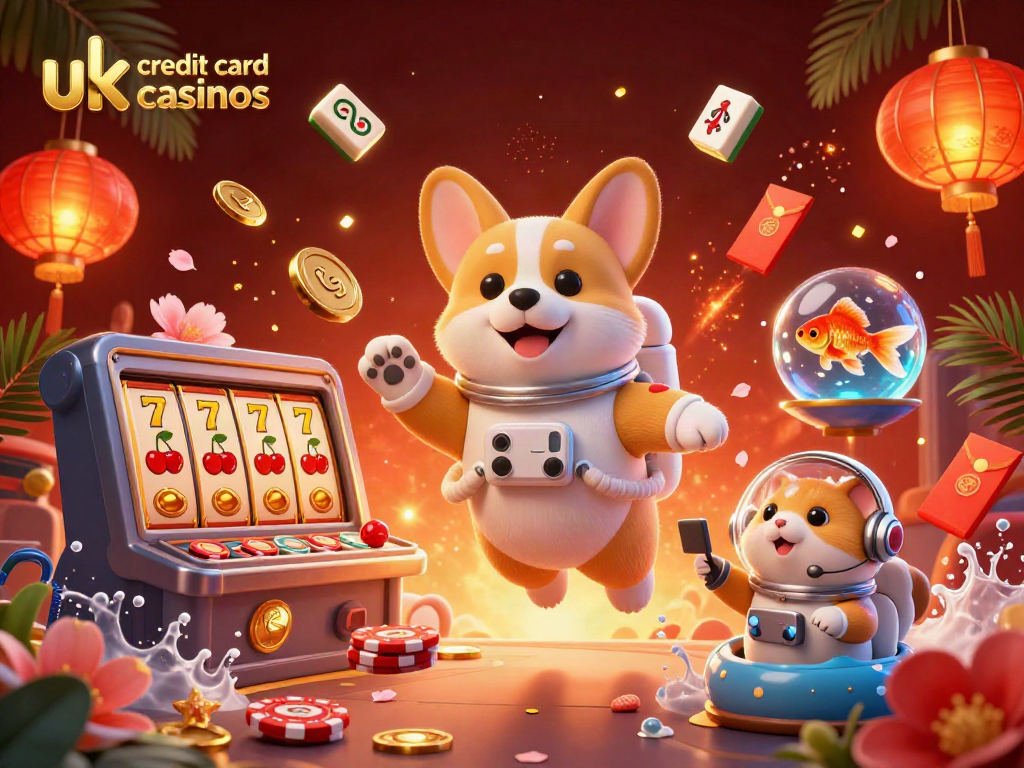 Exciting scene of uk credit card casinos with a floating astronaut corgi, poker chips, and jackpot slots.