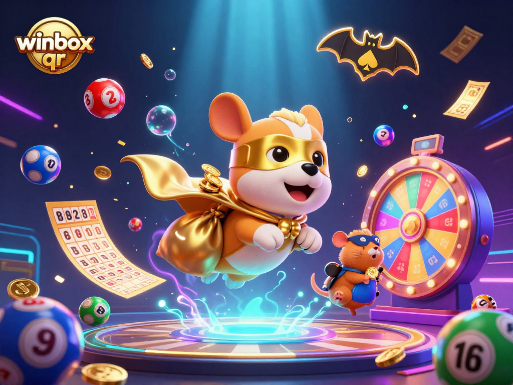 Engage with winbox qr in an enchanting 3D scene of a superhero dog and a hamster amidst lottery and casino elements