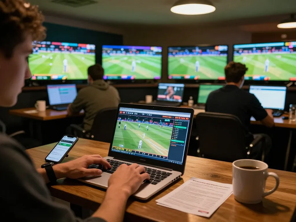 Crickex user actively betting online during live cricket match, with laptop and phone showcasing betting interface.