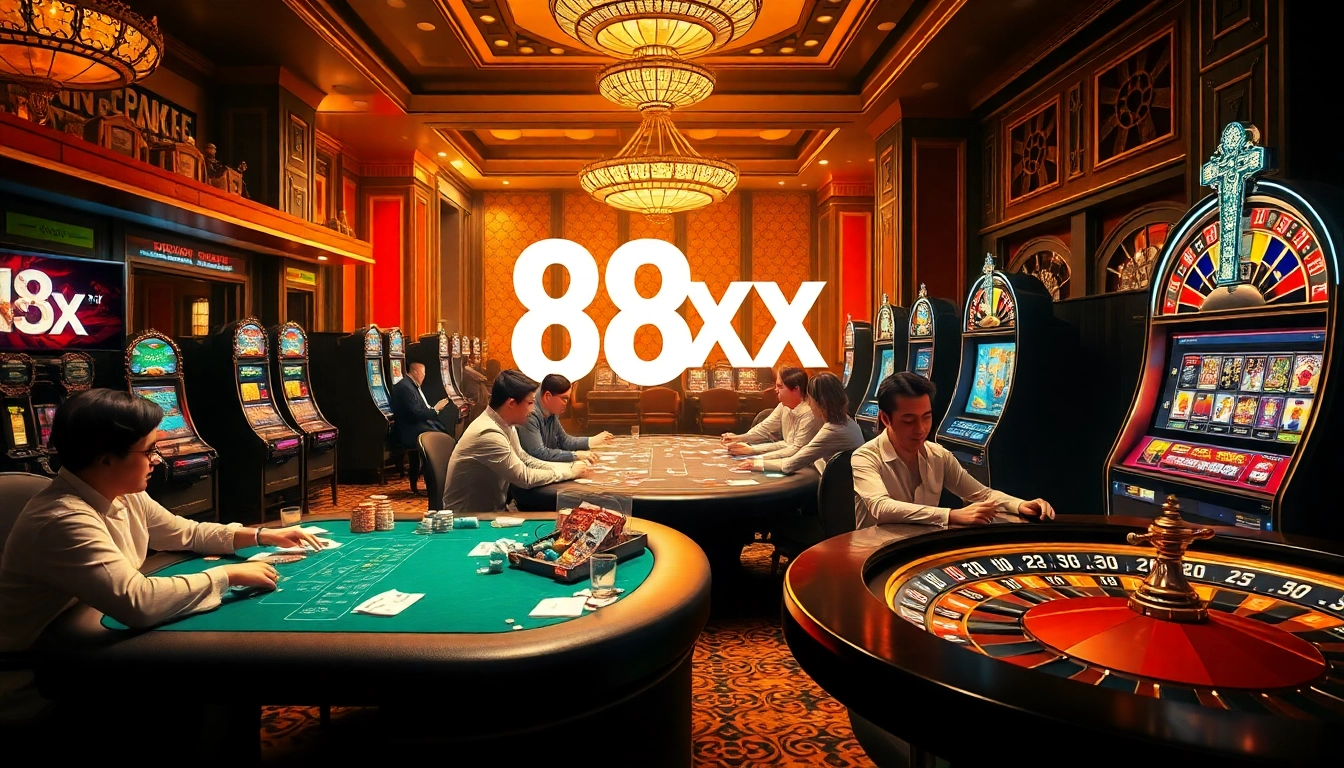 Players experience exciting betting thrills at the 88xx casino, featuring vibrant slot machines and poker tables.