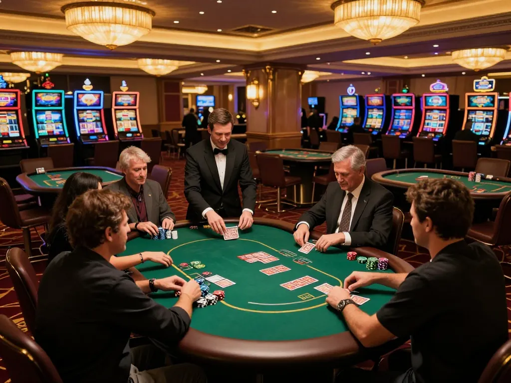 Luck8 players engaged in exciting poker action on a vibrant casino floor