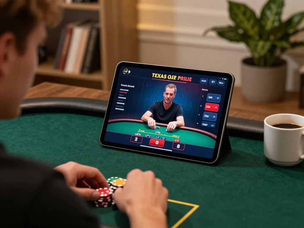 Player engaged in an online poker game on 777VIP tablet at home, reflecting strategic decision-making.