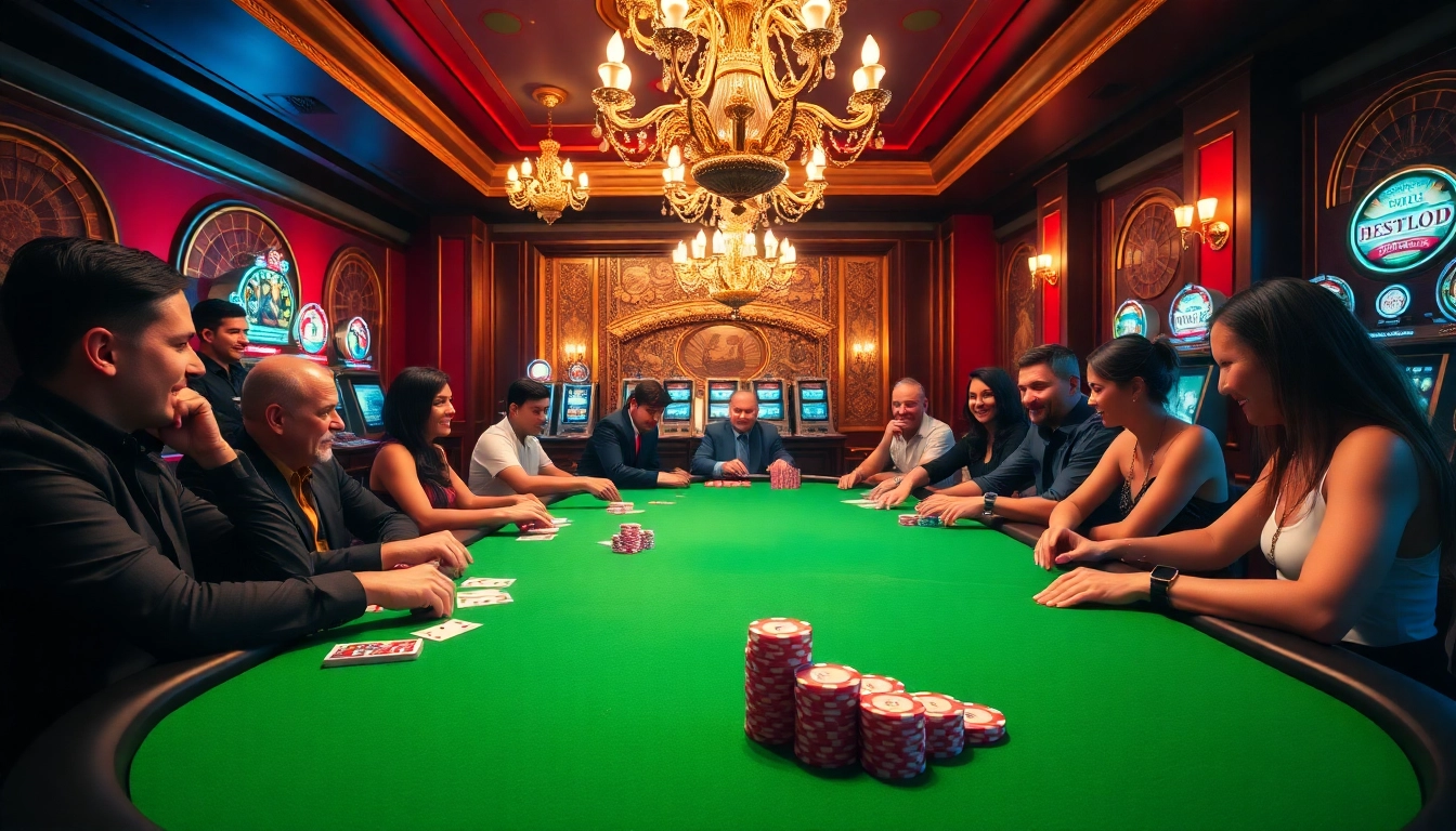 Engaged gamblers at the 88i home casino table, showcasing vibrant poker gameplay with colorful chips and glamorous decor.