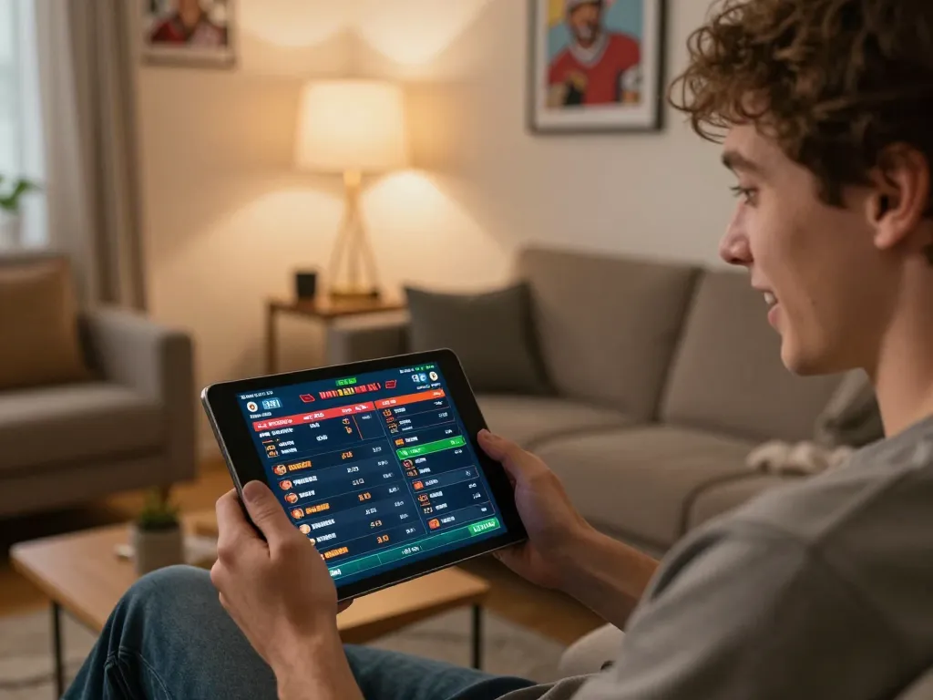 TOPBET user placing sports bets on a tablet in a cozy home setting